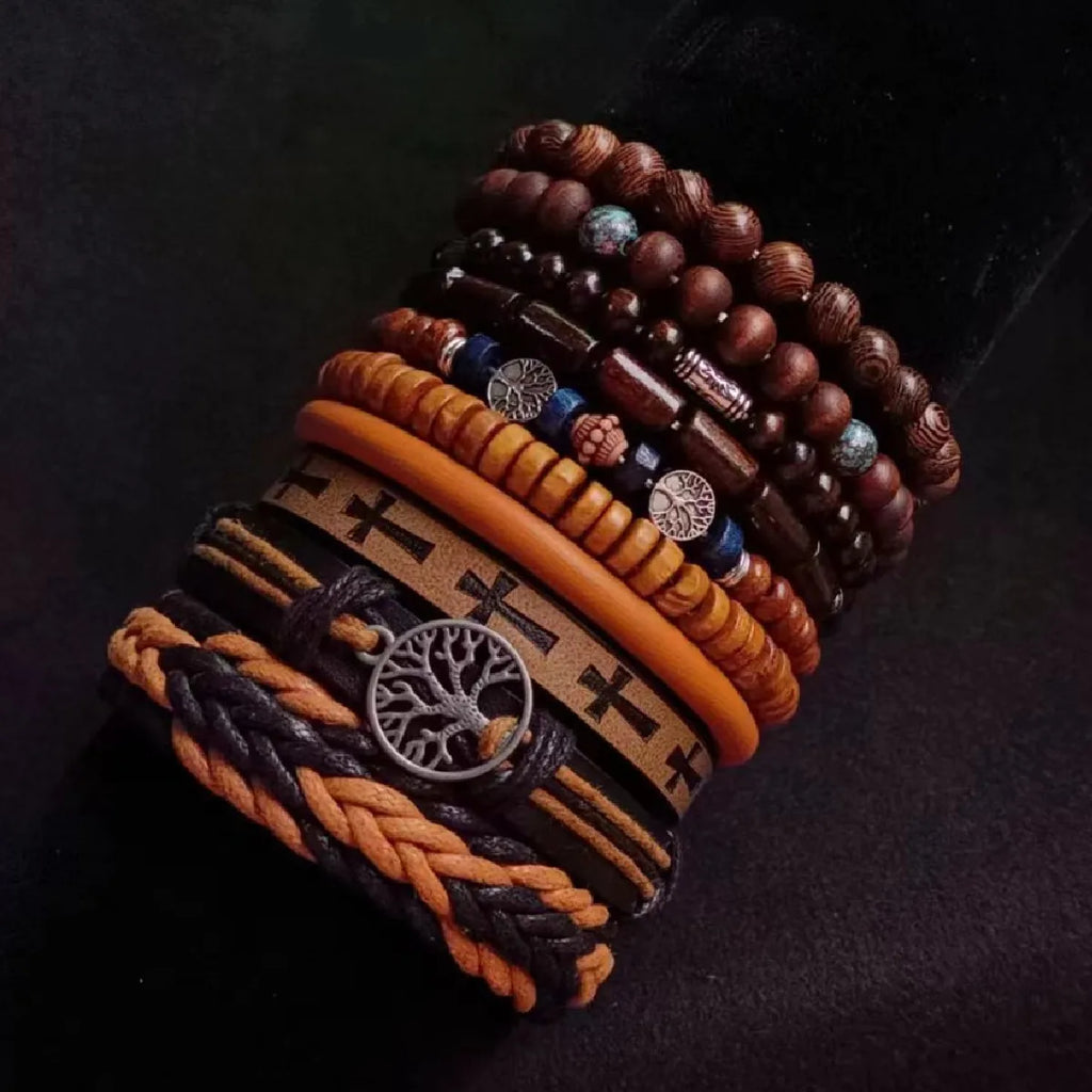 10-Pack Khaki & Black Woven Leather Wrap Bracelets - Handmade Adjustable Unisex