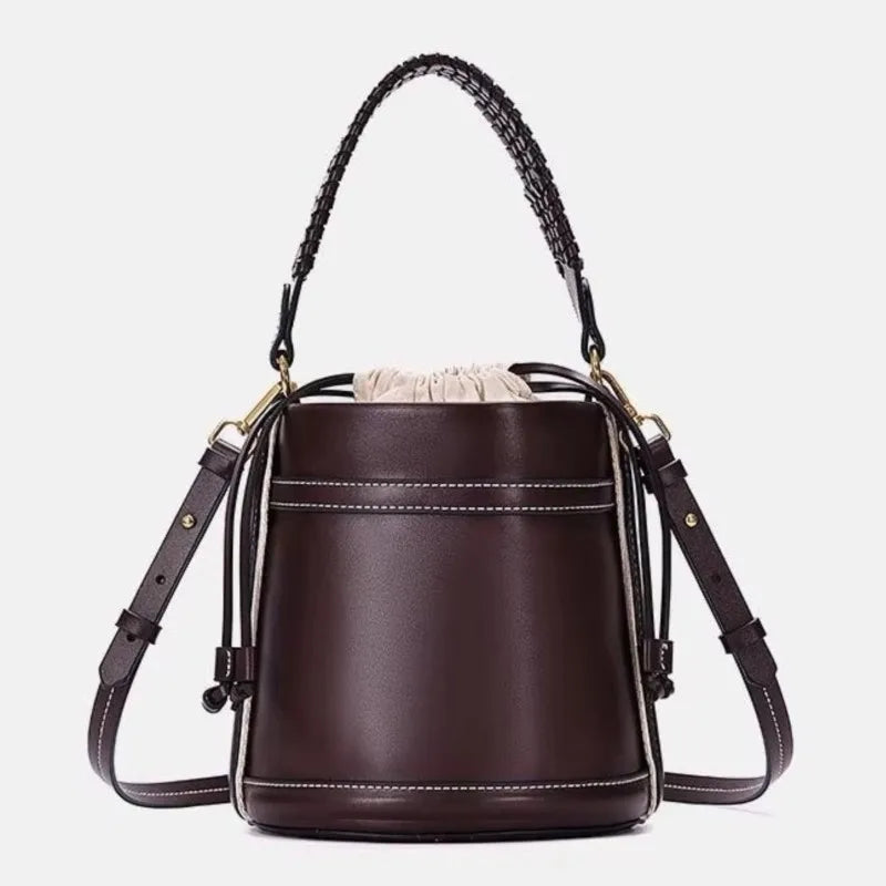 Small Woven Drawstring Bucket Bag for Women - Retro Stitching Shoulder & Crossbody Bag