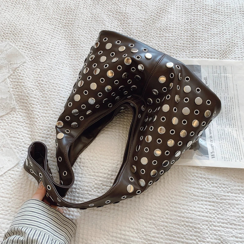 Rivets PU Leather Bucket Hobo Bag for Women - Punk Shoulder Handbag Purse