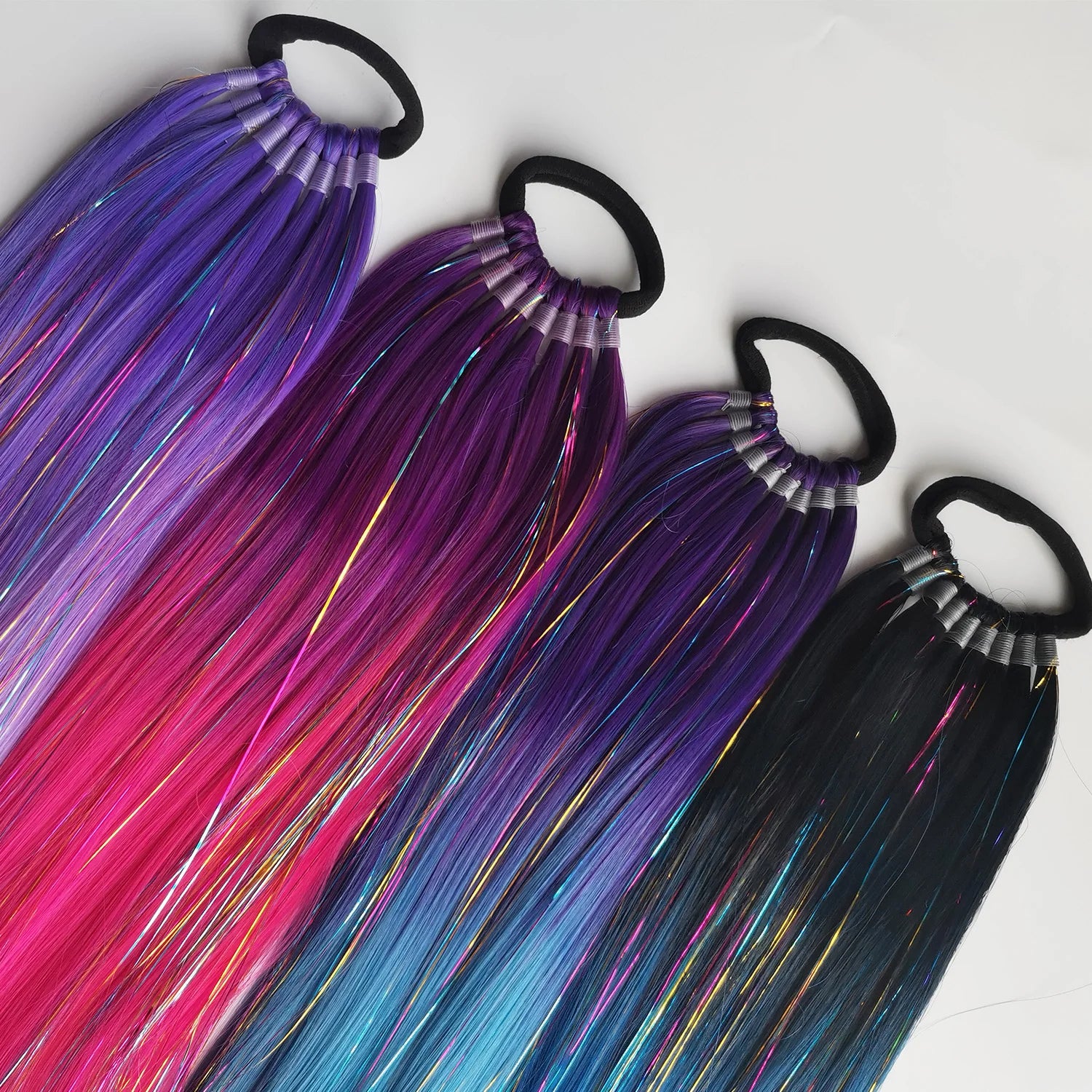 Purple Red Pink Ombre Tinsel Ponytail Extension with Elastic - 24in (60cm) 9-Strand Synthetic Hair for Girls, Crazy Hair Day