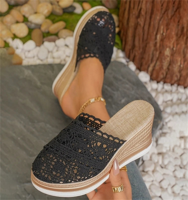 HAJINK Women's Lace Wedge Sandals – Breathable Summer Slide Heels, 5–8 cm (2–3 in) Heel, 3–5 cm (1.2–2 in) Platform