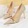 BIGTREE Women's Pearl Chain Stiletto Pumps – Pointed Toe High Heels for Party & Banquet