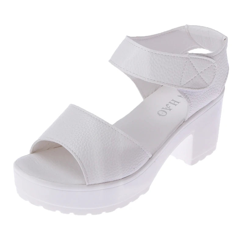 White Chunky Heel Wedge Sandals for Women — Peep Toe Ankle Strap Roman Gladiator Heels