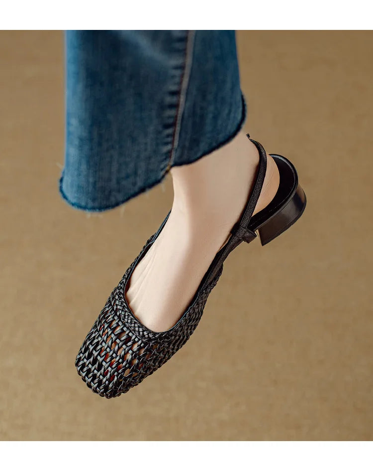 French Square-Toe Woven Mid-Heel Sandals for Women - PU Leather Square Block Heel 3-5 cm (1.2-2.0 in)
