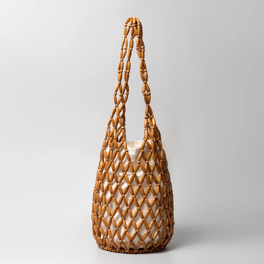 Handmade Woven Wooden Bead Tote – Boho Hollow-Out Bucket Shoulder Handbag for Women