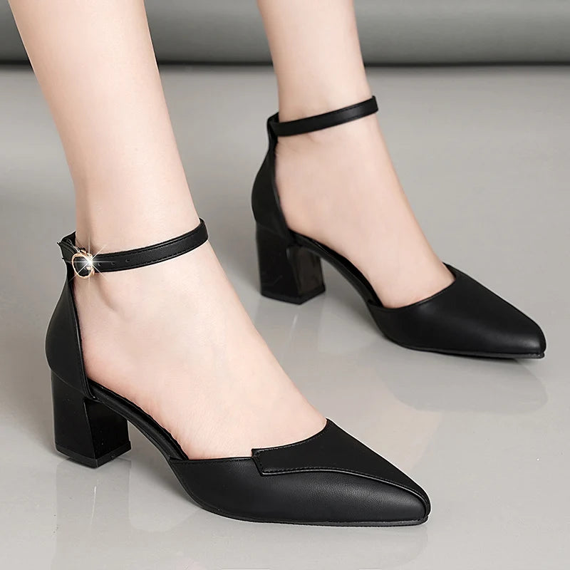 Women's Pointed T-Strap High Heels - PU Buckle Pumps with Thin Heel (5-8 cm / 2-3 in) Party Dress Sandals