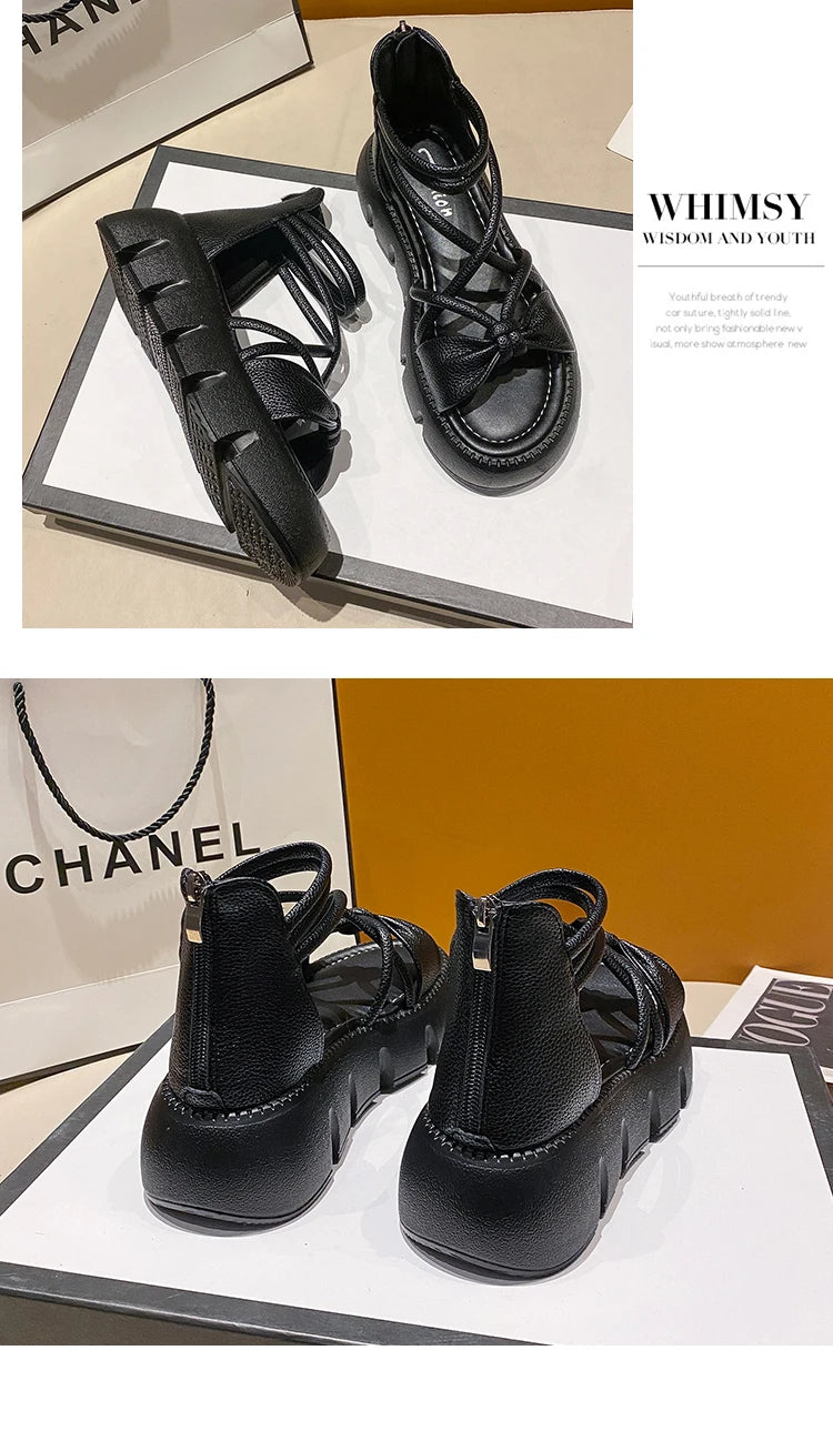 Women's Woven Ankle-Strap Mid Heel Sandals — Thick Sole Summer Clogs