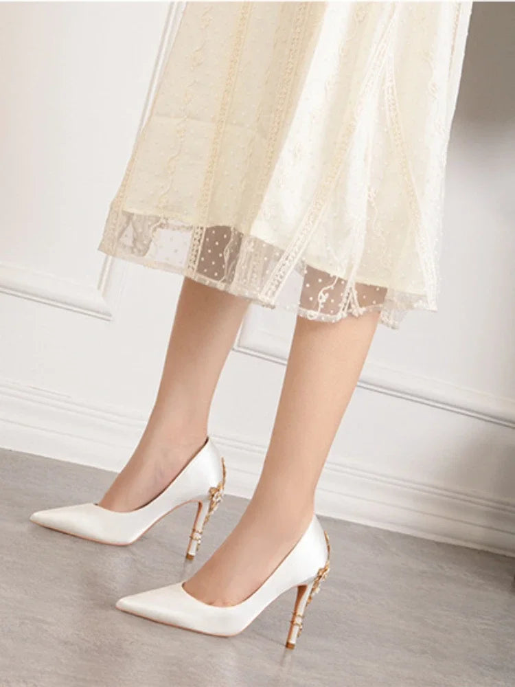 Women's Satin Pointed-Toe Stiletto Pumps with Metal Flower Detail — High Heel Wedding Shoes
