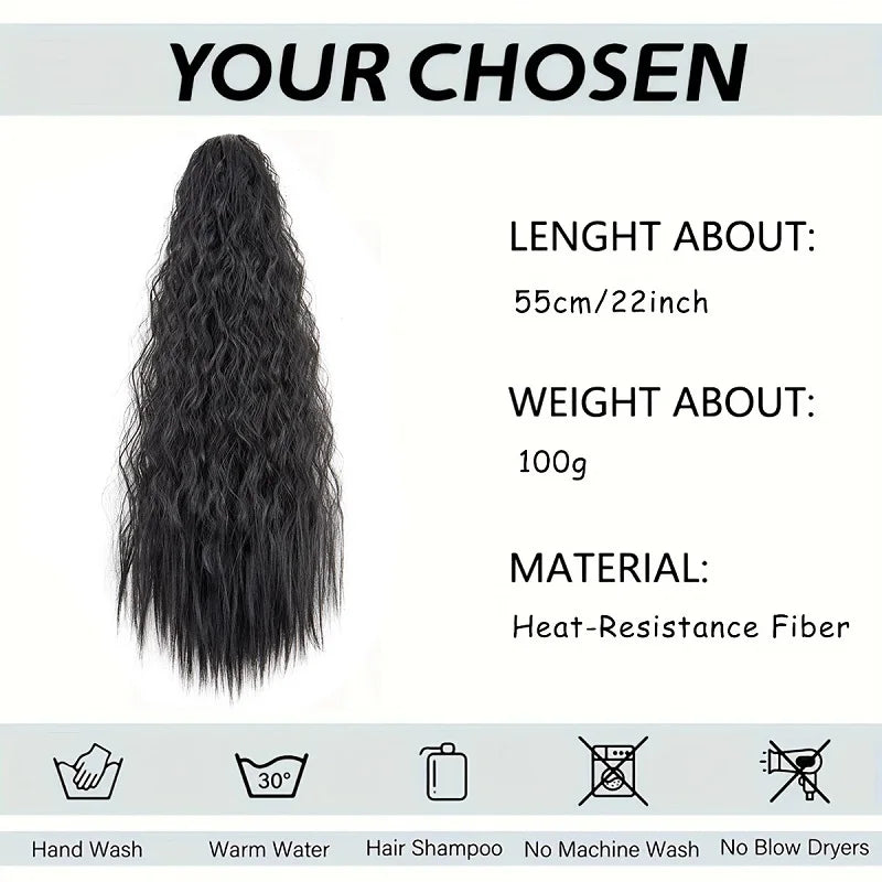 22-Inch (56 cm) Kinky Curly Drawstring Clip-In Ponytail - Long Synthetic High-Temperature Fiber Hair Extension for Women