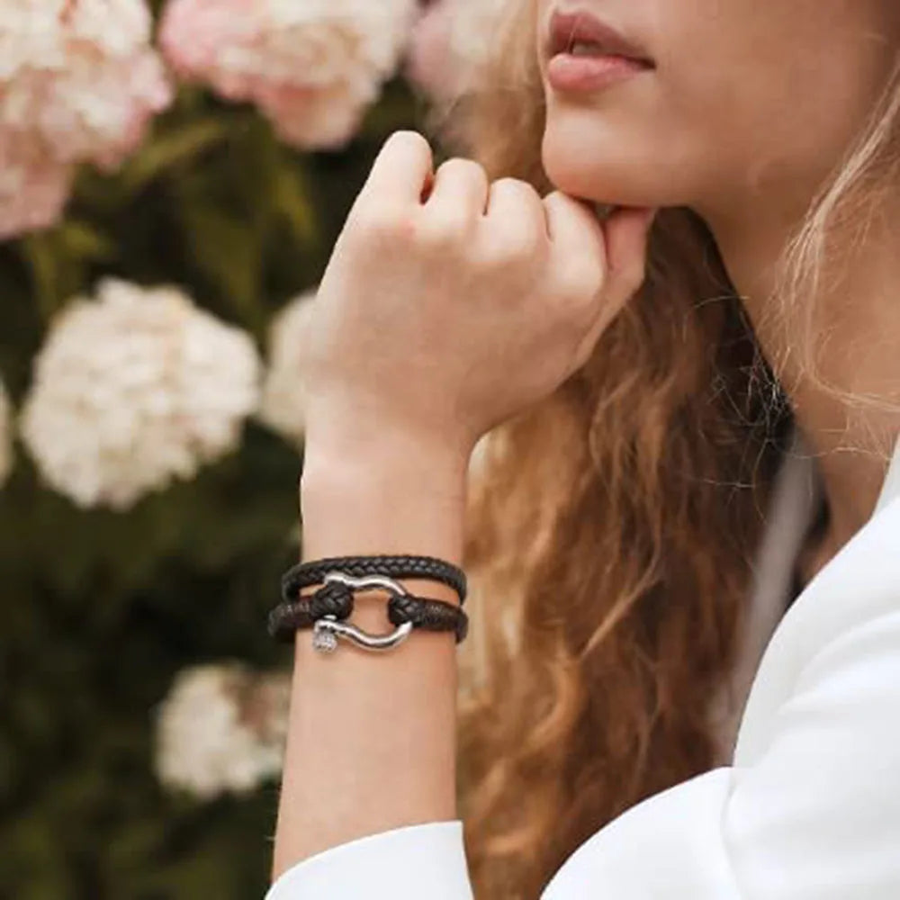 Kirykle Men's Nautical Multilayer Leather Bracelet with Stainless Steel Anchor Shackle, Handmade Adjustable Gift for Dad