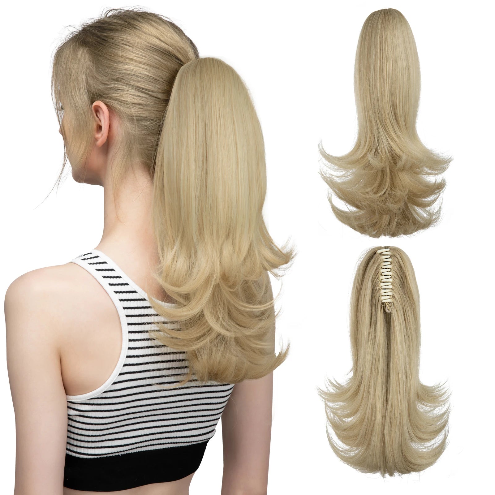 14-Inch (35 cm) Wavy Clip-In Ponytail Extension – Synthetic Claw Clip with Elastic Band, 1 Piece (Blonde/Black)