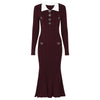Women Mermaid Knit Sweater Dress — Long Sleeve Lapel Collar Slim Fit Mid-Calf Autumn/Winter