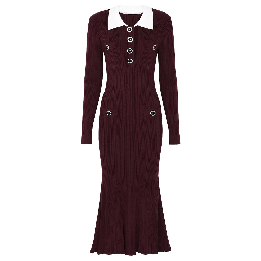 Women Mermaid Knit Sweater Dress — Long Sleeve Lapel Collar Slim Fit Mid-Calf Autumn/Winter