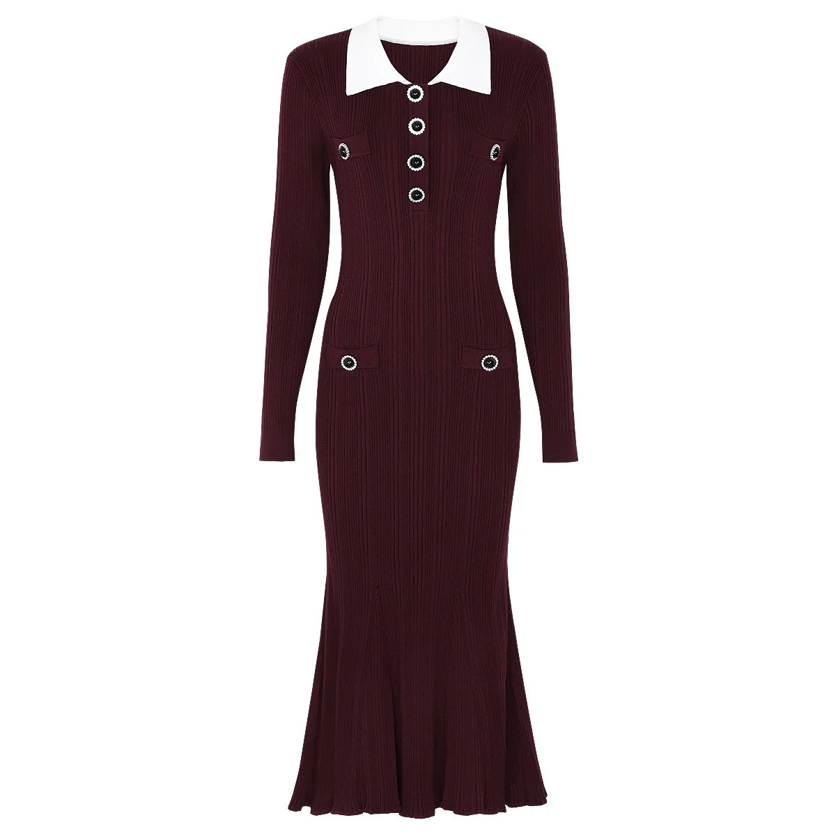 Women Mermaid Knit Sweater Dress — Long Sleeve Lapel Collar Slim Fit Mid-Calf Autumn/Winter