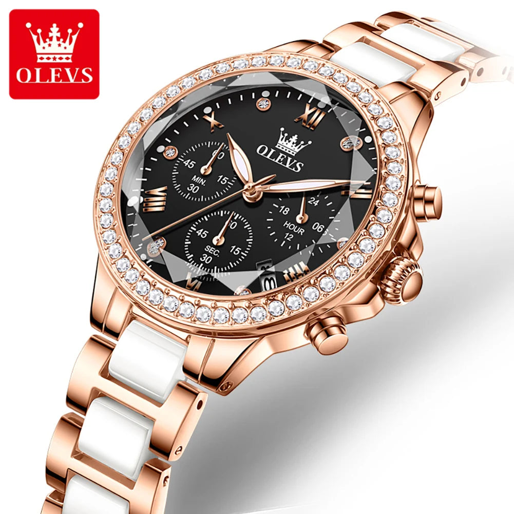 OLEVS Women's Ceramic 35mm Quartz Chronograph Watch - Waterproof Luminous Date Elegant Dress Wristwatch