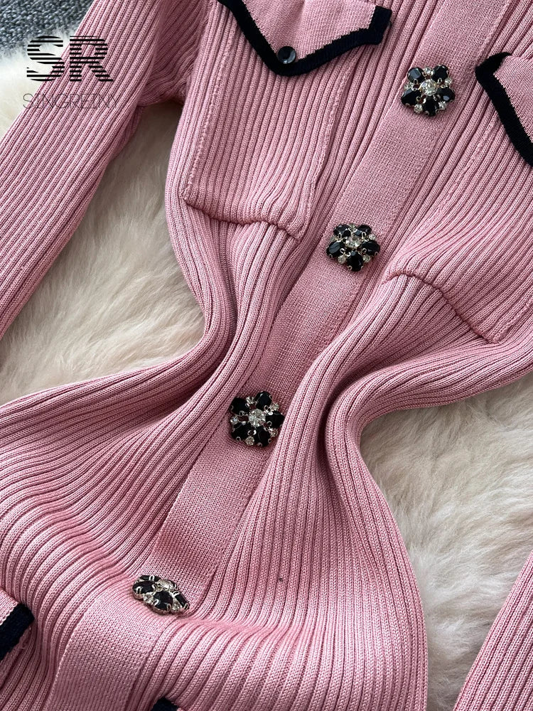 Women's Autumn Knit Bodycon Midi Dress - Long Sleeve Multicolor Pockets Slim French Office Style (One Size)