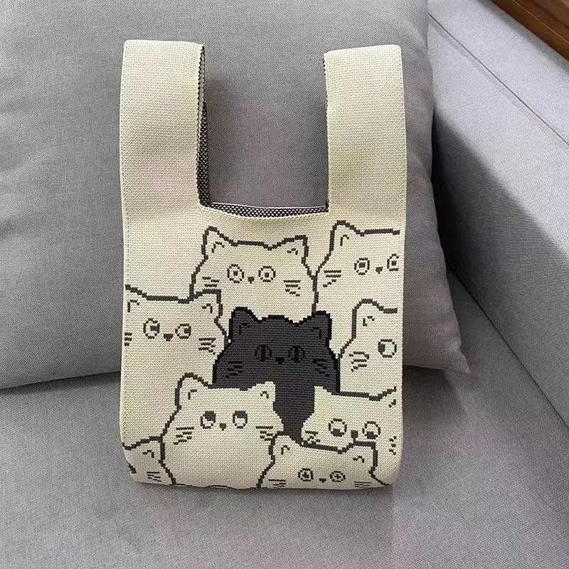 Handmade Knitted Knot Wrist Bag - Striped Mini Tote for Women, Large-Capacity Phone Bucket, Autumn Winter Casual