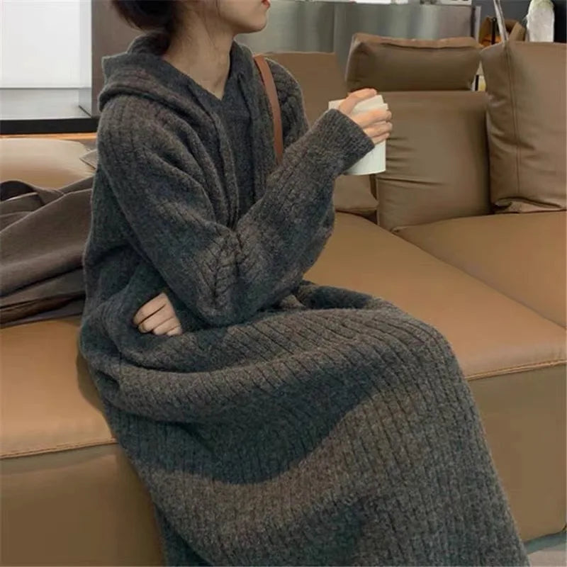 Women's Hooded Knit Sweater Dress - Loose Ankle-Length Pullover, Long Sleeve Autumn/Winter