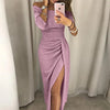 Women's High-Waist Bodycon Midi Dress Off-Shoulder Vintage Bling Satin Party Dress with Front Split