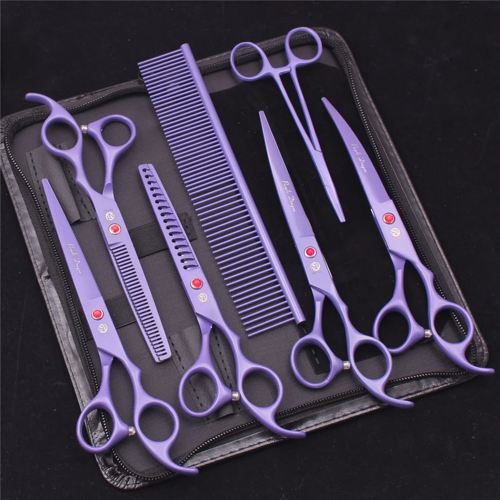 7-Inch (17.8 cm) Japanese 440C Pet Grooming Scissors Set — Straight 7 in, Curved 7 in, Thinning 6.5 in (16.5 cm) for Dog & Cat Grooming with Comb & Hemostatic Forceps