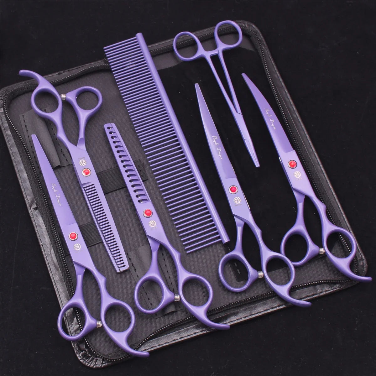 7-Inch (17.8 cm) Japanese 440C Pet Grooming Scissors Set — Straight 7 in, Curved 7 in, Thinning 6.5 in (16.5 cm) for Dog & Cat Grooming with Comb & Hemostatic Forceps