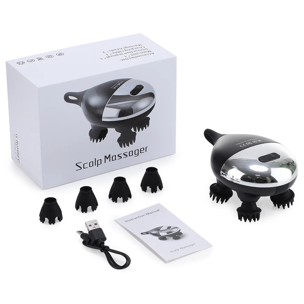 Electric Scalp Massager with 4 Kneading Heads – Rechargeable IPX7 Deep Tissue Head & Body Massager with Red Light Therapy for Hair Growth and Pet Use