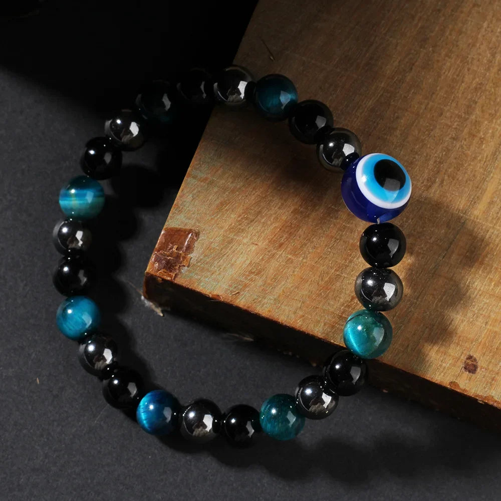 Triple Protection Bracelet - Blue Tiger's Eye & Black Obsidian Evil Eye Handmade Stretch Beaded Bracelet