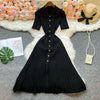 Vintage Turn-Down Collar Knit Maxi Dress Single-Breasted A-Line Ankle-Length Shirt Dress for Women