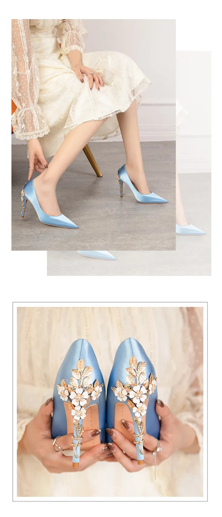 Women's Satin Pointed-Toe Stiletto Pumps with Metal Flower Detail — High Heel Wedding Shoes