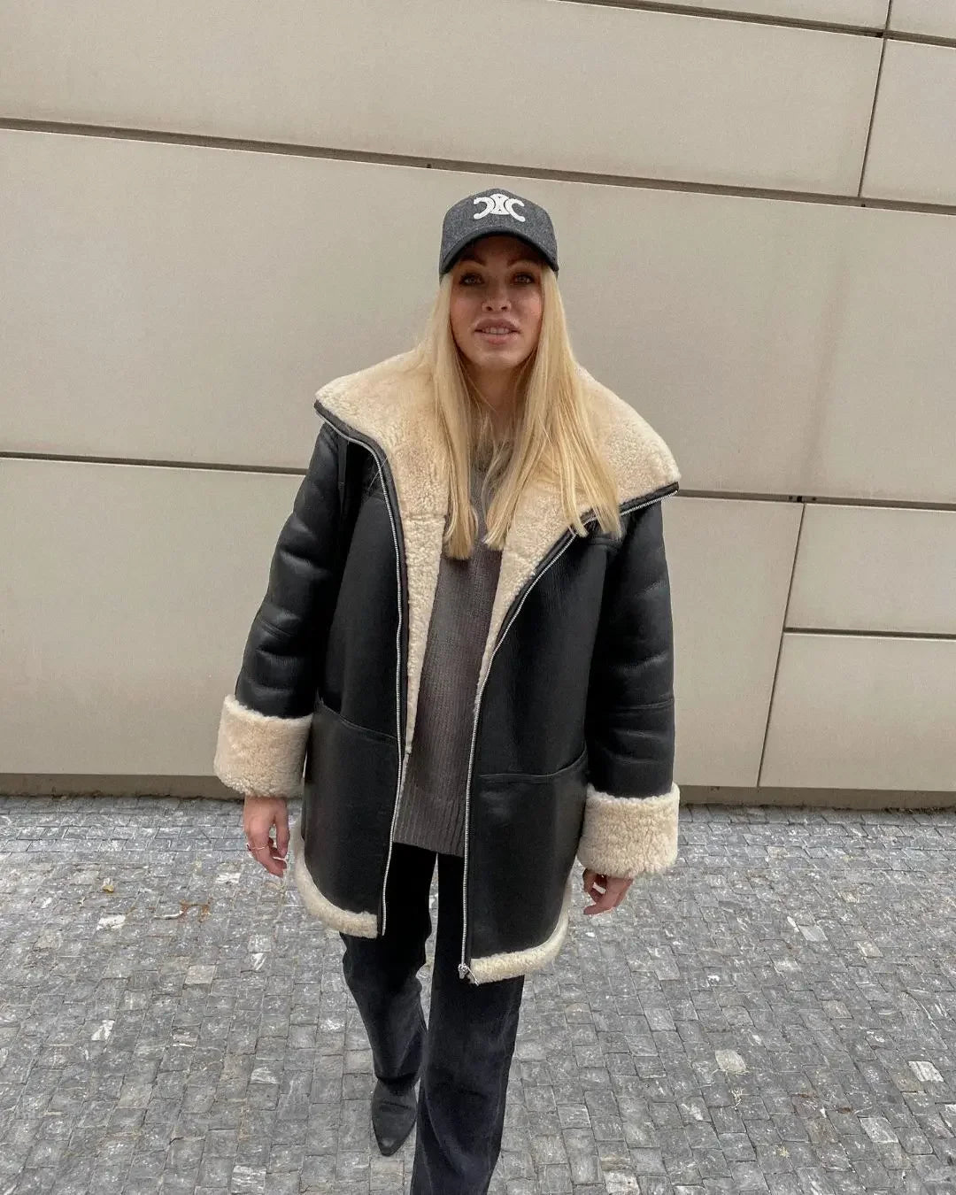 Women's PU Faux Leather Fur-Lined Coat - Lapel Collar, Zipper, Warm Long Overcoat, High Street Style