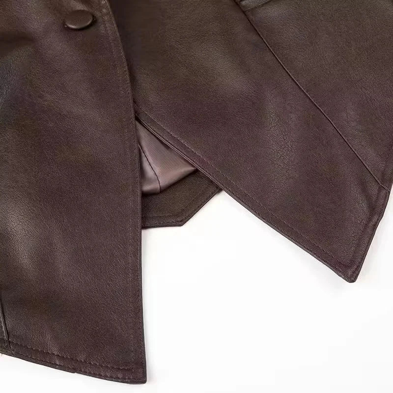 Women's Faux Leather Belted Coat with Fur Trim – Streetwear Elegant Outwear