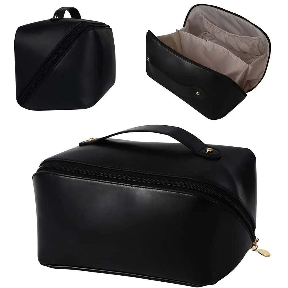 Large Capacity PU Leather Travel Makeup Bag – Water-Resistant Cosmetic & Toiletry Organizer