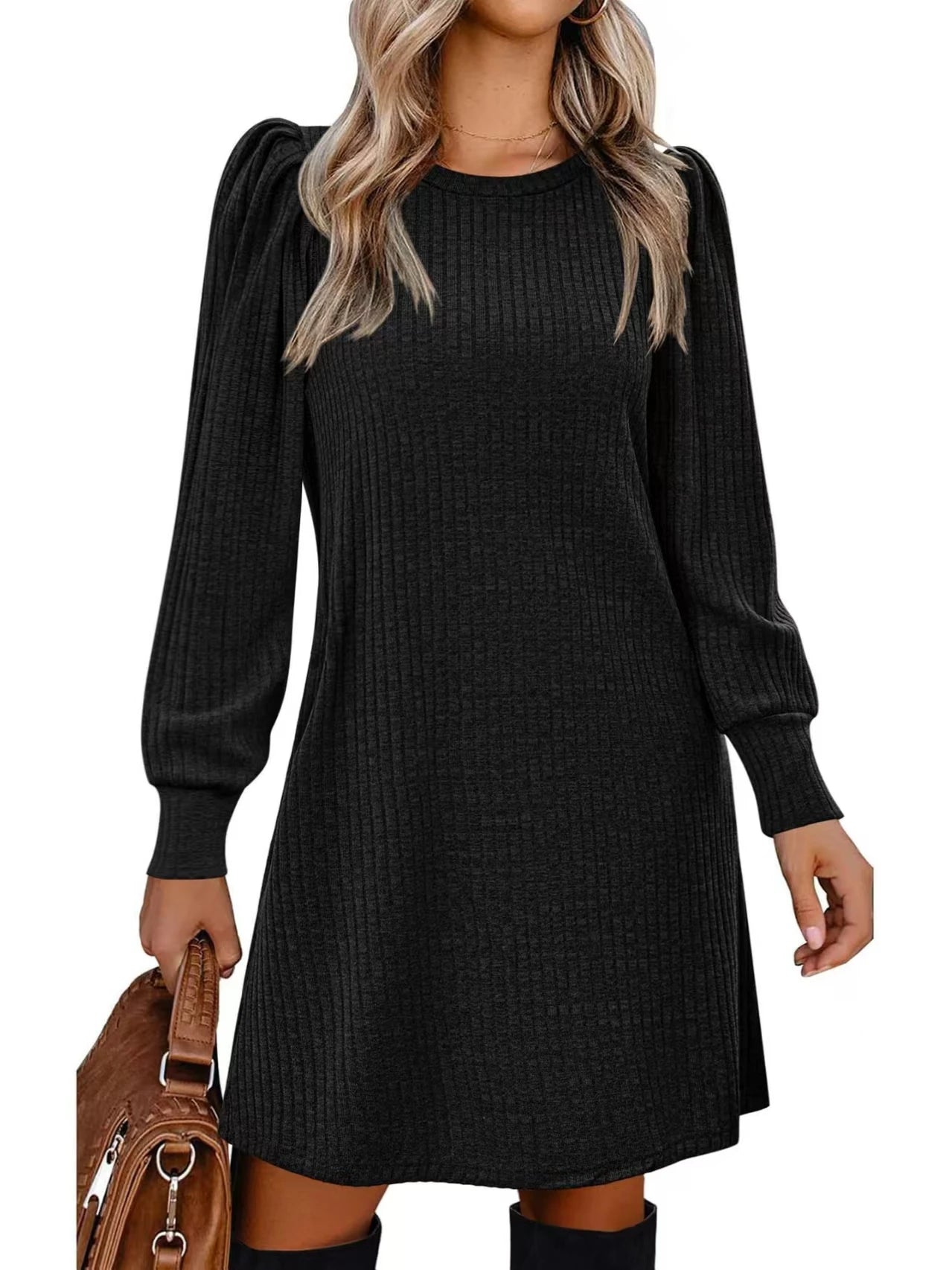 Women's Knit Puff Sleeve A-Line Dress with Pockets, Long Sleeve O-Neck Knee-Length Casual