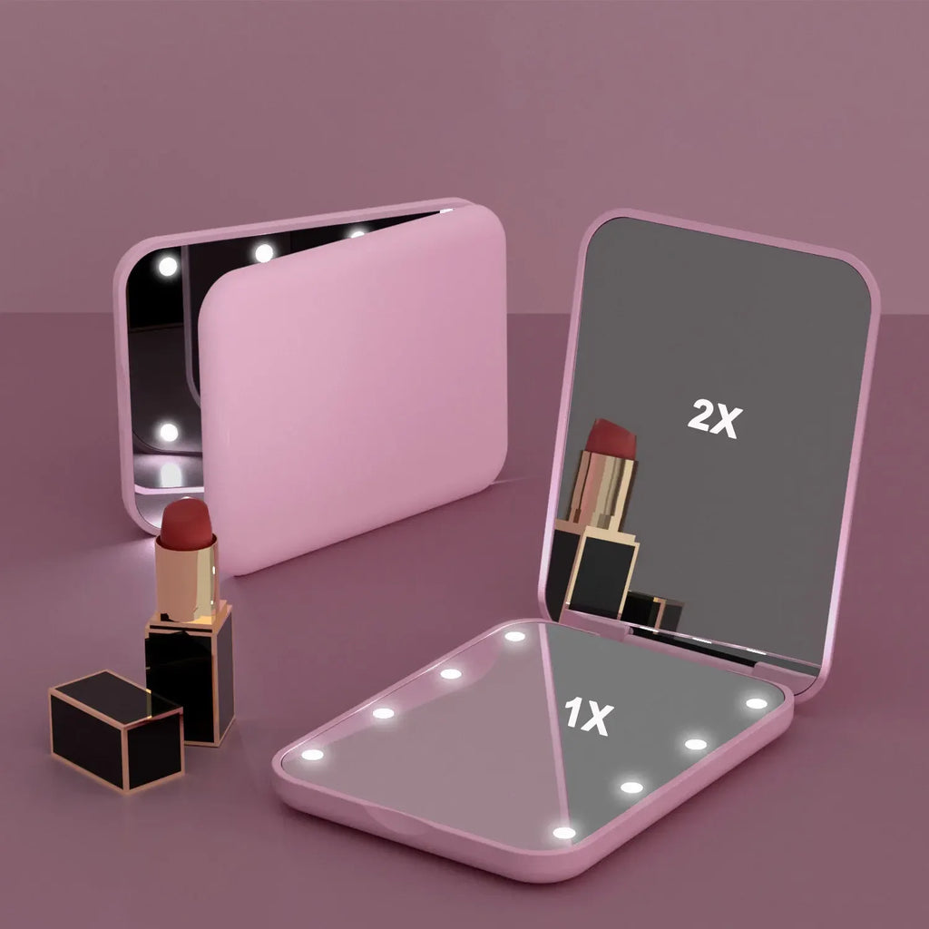 Mini LED Portable Foldable Pocket Makeup Mirror 1X/2X Magnifying Vanity Mirror