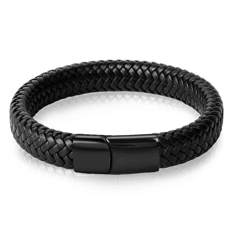 Men's White Braided Leather Bracelet with 316L Stainless Steel Double-Safety Magnetic Clasp — Sizes 18.5/20.5/22 cm (7.3/8.1/8.7 in)