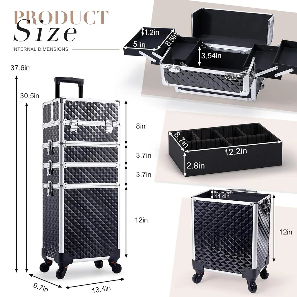 4-in-1 Rolling Makeup Train Case – Large Capacity Cosmetic Trolley with Wheels & Locking Keys for Salon and Travel