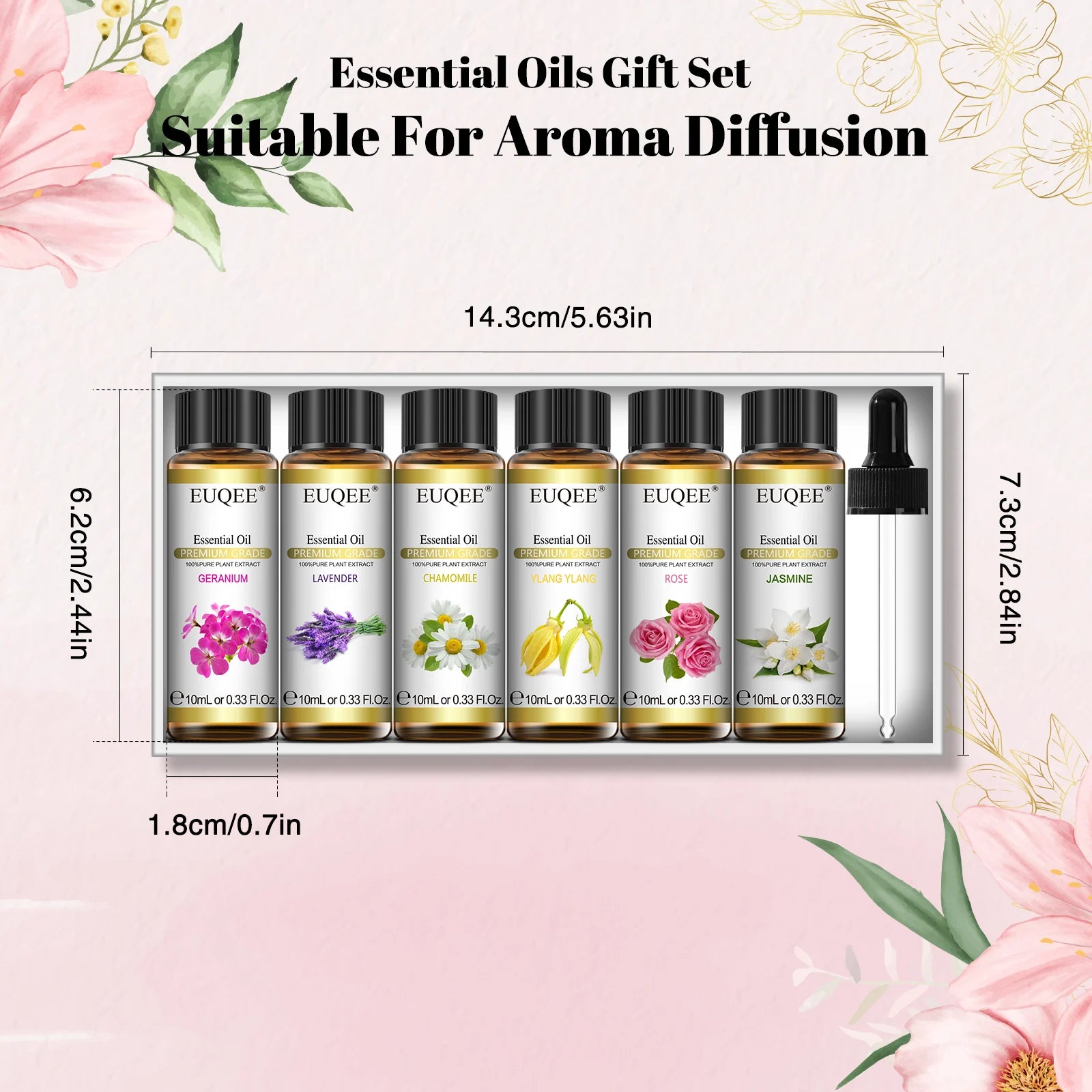 EUQEE 6-Pack Floral Essential Oil Set 6 x 10ml (0.34 fl oz) – Rose, Lavender, Ylang Ylang, Jasmine, Geranium, Chamomile for Diffusers & Candle Making