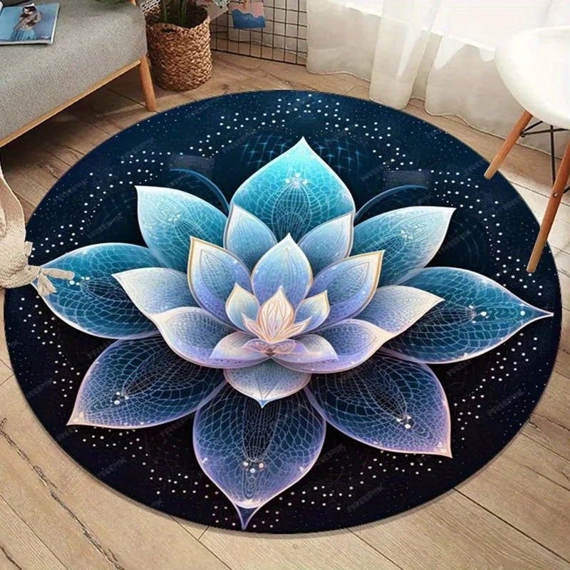 Blue Lotus Round Velvet Crystal Rug - Yoga & Meditation Mat, Non-Slip Flannel Floor Decor