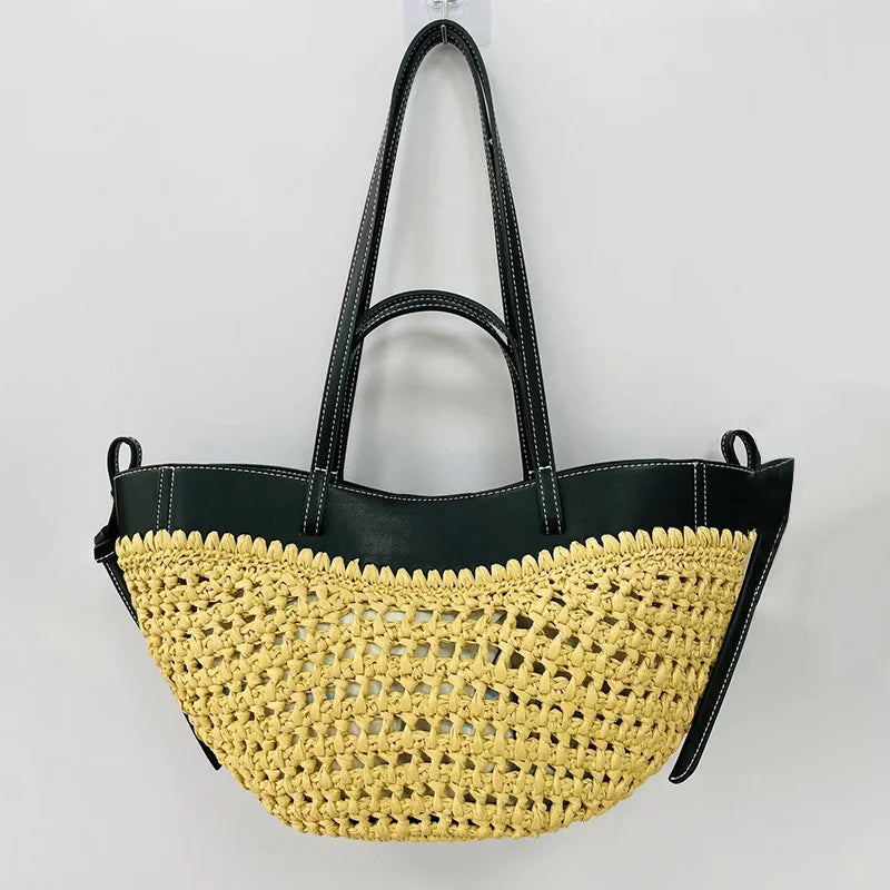 Women 2-in-1 Woven Straw Shoulder Bag – Adjustable Strap Large Capacity Dumpling Beach Bucket Bag