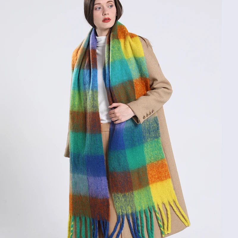 Women's Winter Thick Plaid Pashmina Scarf - Soft Polyester Shawl Wrap, 175+ cm (69+ in) Fuzzy Tassel