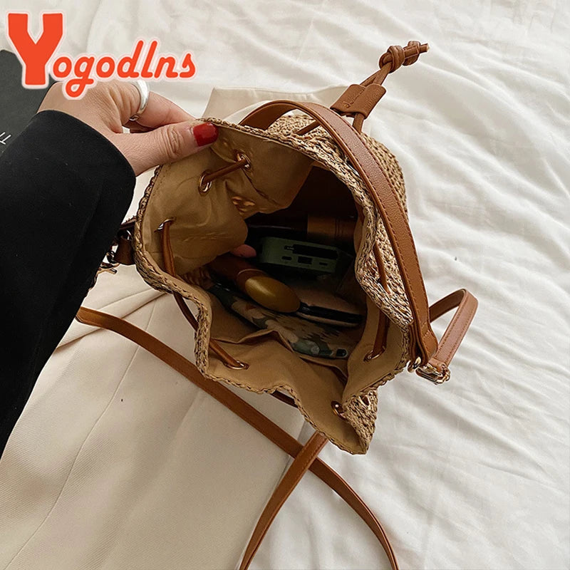 Braided Straw Bucket Bag for Women - Drawstring Shoulder & Crossbody Beach Travel Woven Handbag