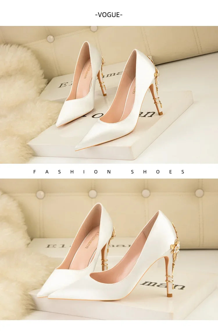 Women's Satin Pointed-Toe Stiletto Pumps with Metal Flower Detail — High Heel Wedding Shoes