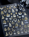 5D Embossed Christmas Nail Stickers – Gold Castle, Garland & Tree, Snowflakes, Bow & Star Decals, Self-Adhesive (8×10 cm / 3.15×3.94 in)