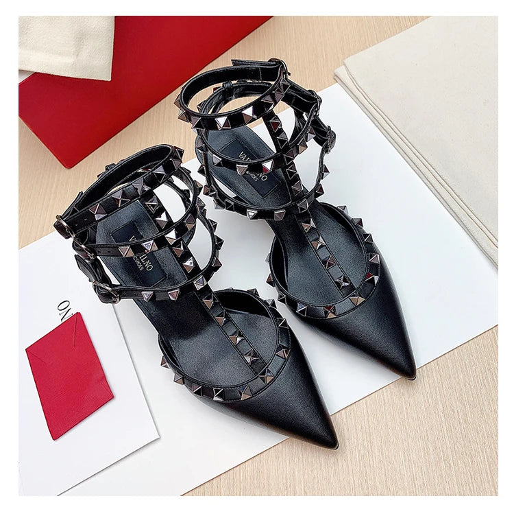 Women's Gladiator High-Heel Sandals - Black Patent Leather 3-Strap Ankle Strap Rivet Designer Heels