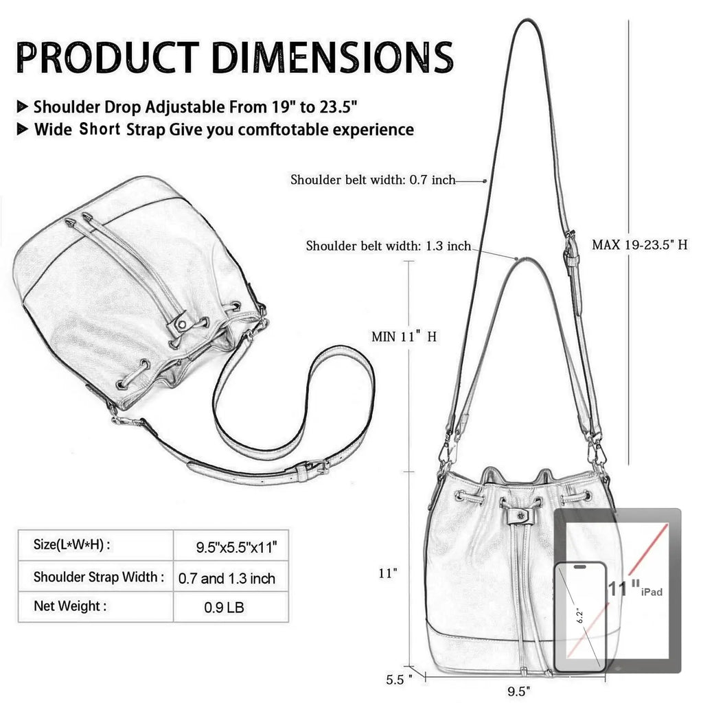 AFKOMST Leather Bucket Bag - Drawstring Crossbody Purse for Women, Medium (9.5 in x 11 in x 5.5 in / 25 x 28 x 14 cm) Hobo Tote with 2 Detachable Shoulder Straps