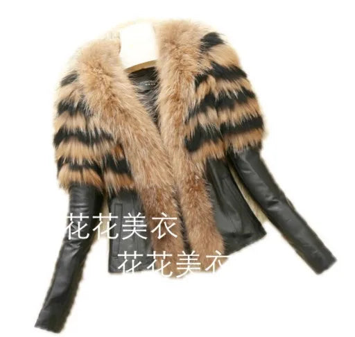 Women's PU Faux Leather Coat with Faux Raccoon Fur Trim Loose Streetwear Jacket Autumn Winter