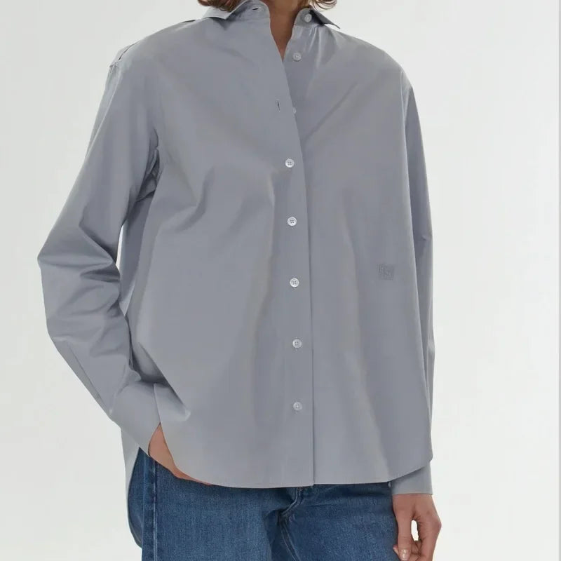 Women's Vertical Striped Shirt - Loose Long-Sleeve Button-Up Blouse with Asymmetric Hem, Office Commuter Style