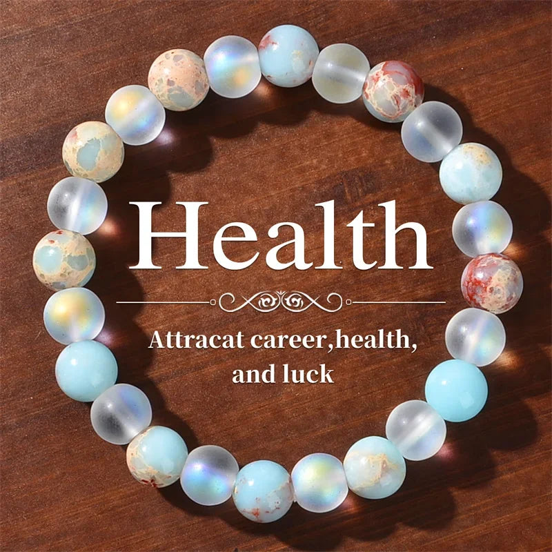 Aura Quartz & Ocean Sediment Bead Bracelet 8 mm (0.31 in) Unisex Crystal Jewelry for Abundance