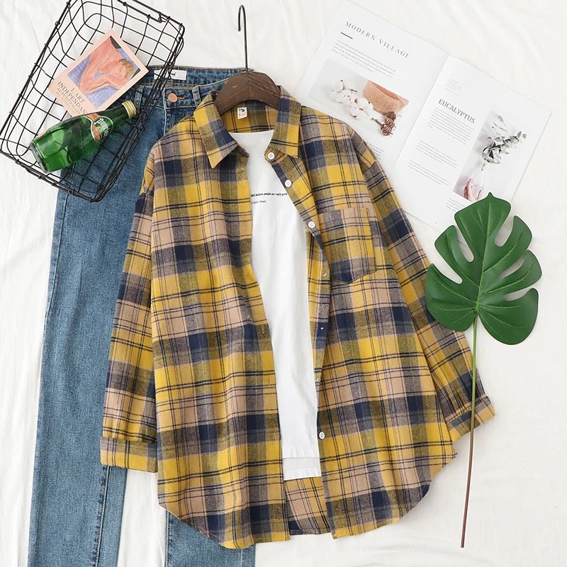 Women's Casual Loose Plaid Flannel Shirt - College Style Long-Sleeve Button-Up Blouse