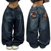 Retro Embroidered Wing-Pocket Boot-Cut Jeans for Women – Mid-Rise Blue Wide-Leg Streetwear Harajuku Gothic